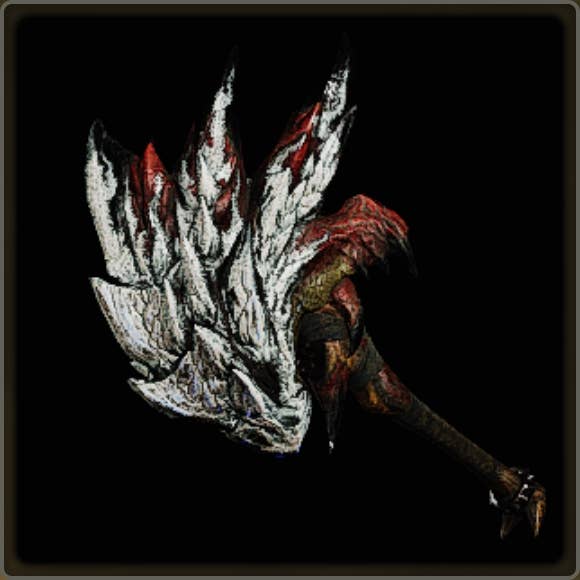 A close-up of a weapon in Monster Hunter Wilds against a black background.
