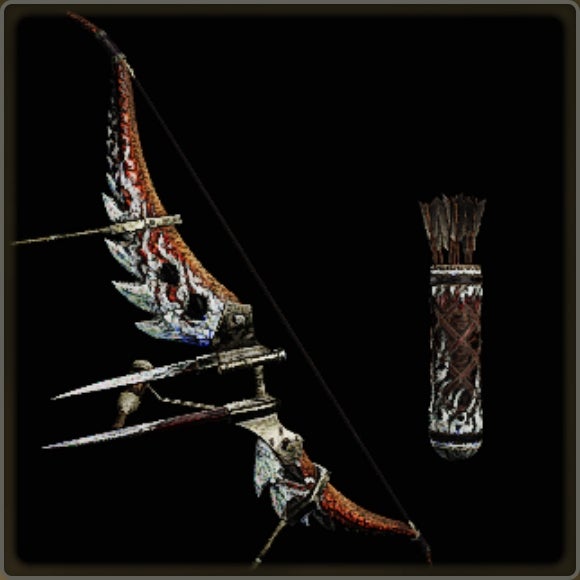 A close-up of a weapon in Monster Hunter Wilds against a black background.