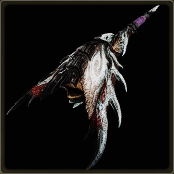 A close-up of a weapon in Monster Hunter Wilds against a black background.