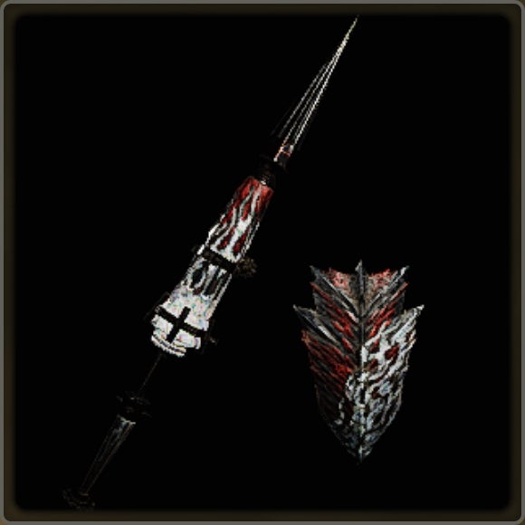 A close-up of a weapon in Monster Hunter Wilds against a black background.