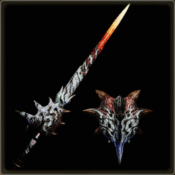 A close-up of a weapon in Monster Hunter Wilds against a black background.