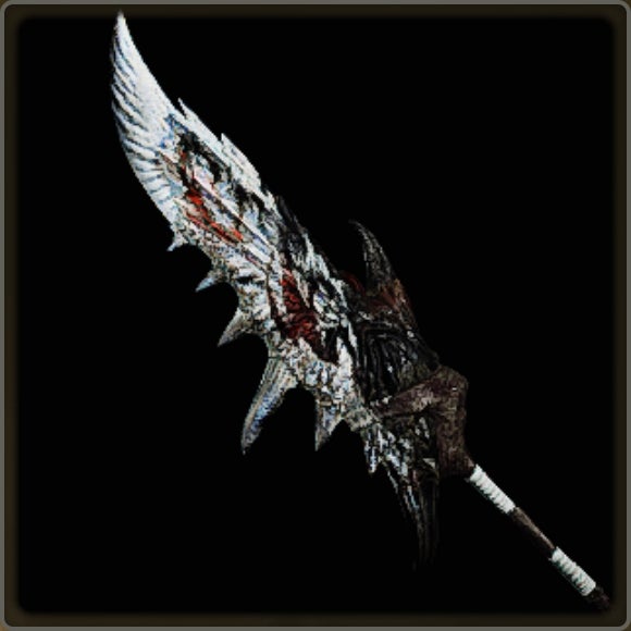 A close-up of a weapon in Monster Hunter Wilds against a black background.