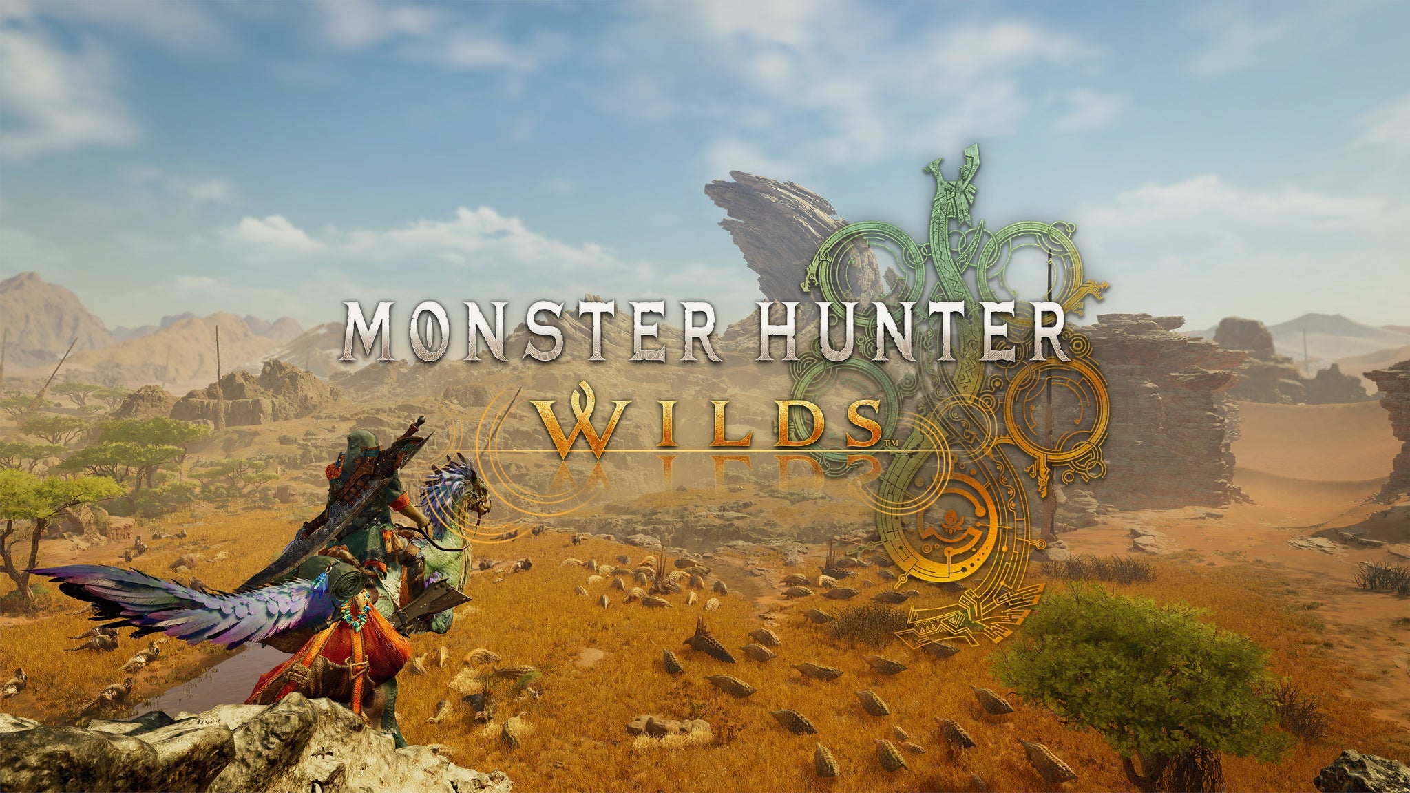 Key art from Monster Hunter Wilds – a rider crests a hill to see a savannah-esque landscape opening out before them. - 3