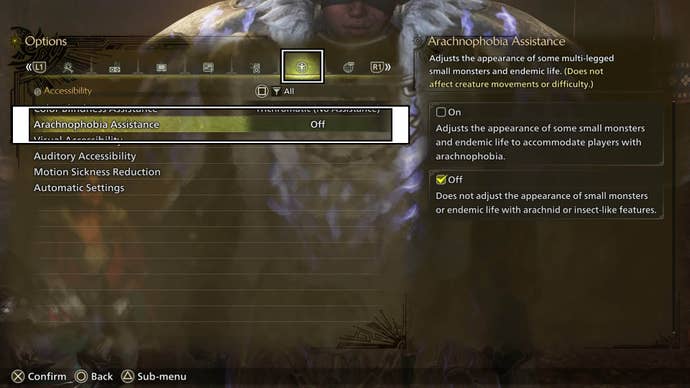 monster hunter wilds arachnophobia setting in accessibility menu