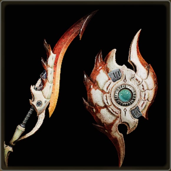 A close-up of a weapon in Monster Hunter Wilds against a black background. - 18