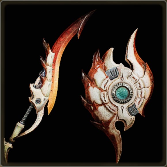 A close-up of a weapon in Monster Hunter Wilds against a black background.