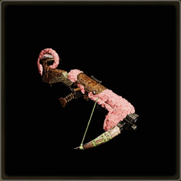 A close-up of a weapon in Monster Hunter Wilds against a black background.