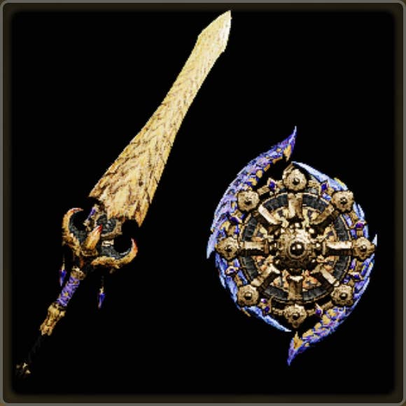 A close-up of a weapon in Monster Hunter Wilds against a black background.