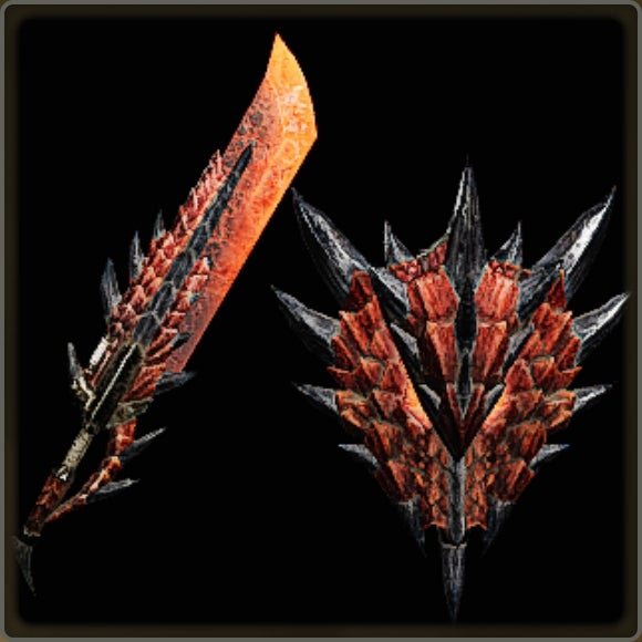 A close-up of a weapon in Monster Hunter Wilds against a black background.