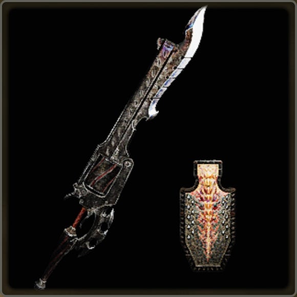 A close-up of a weapon in Monster Hunter Wilds against a black background. - 9