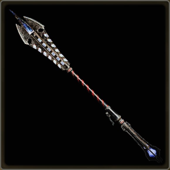 A close-up of a weapon in Monster Hunter Wilds against a black background.