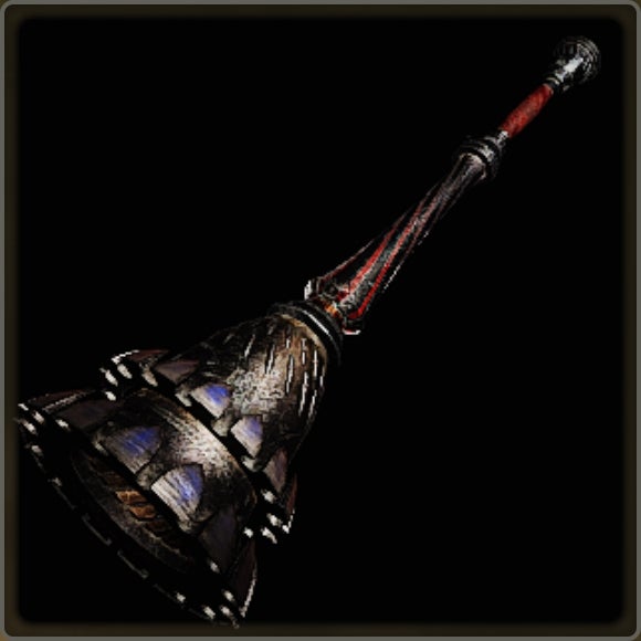A close-up of a weapon in Monster Hunter Wilds against a black background.