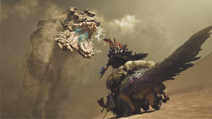 A Balahara, a large monster in Monster Hunter Wilds, launches itself towards a hunter riding a Seikret towards it.