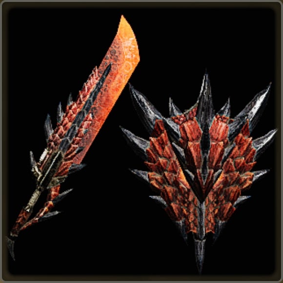 A close-up of a weapon in Monster Hunter Wilds against a black background.