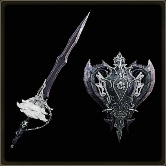 A close-up of a weapon in Monster Hunter Wilds against a black background.