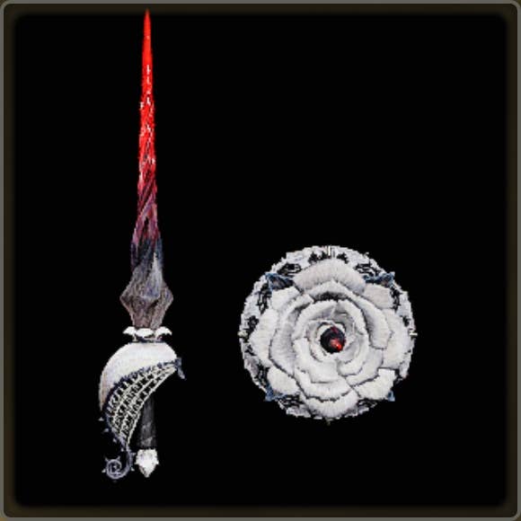 A close-up of a weapon in Monster Hunter Wilds against a black background.