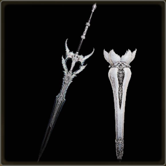 A close-up of a weapon in Monster Hunter Wilds against a black background.