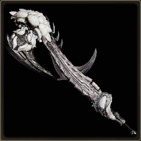 A close-up of a weapon in Monster Hunter Wilds against a black background.