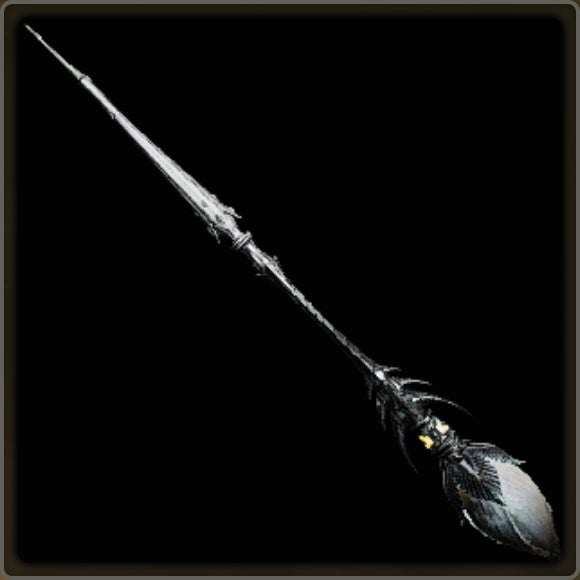 A close-up of a weapon in Monster Hunter Wilds against a black background.