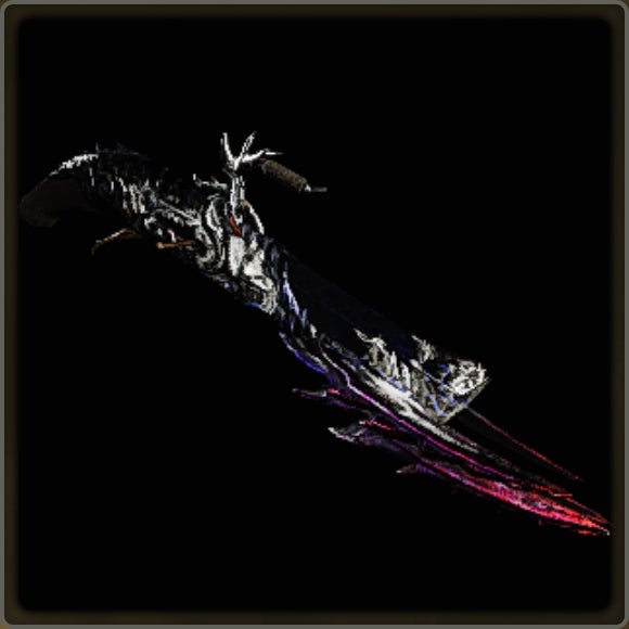 A close-up of a weapon in Monster Hunter Wilds against a black background.
