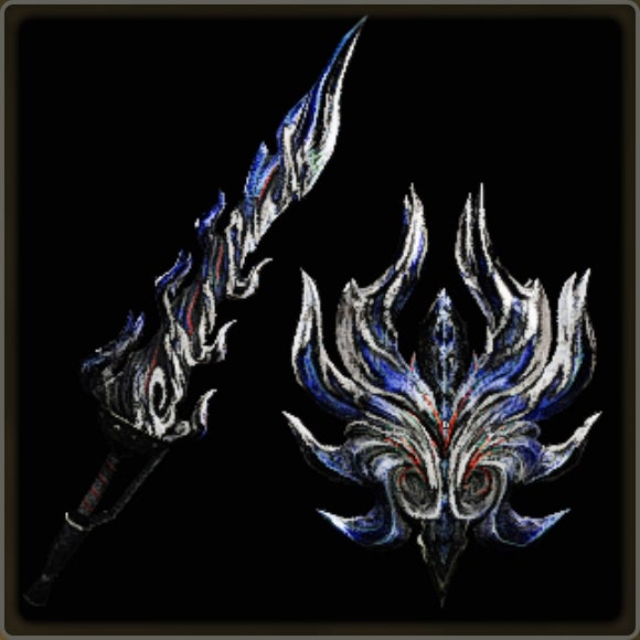 A close-up of a weapon in Monster Hunter Wilds against a black background.