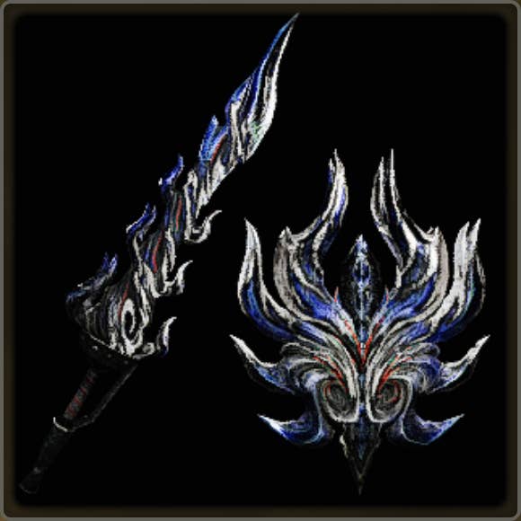 A close-up of a weapon in Monster Hunter Wilds against a black background.