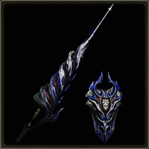 A close-up of a weapon in Monster Hunter Wilds against a black background.