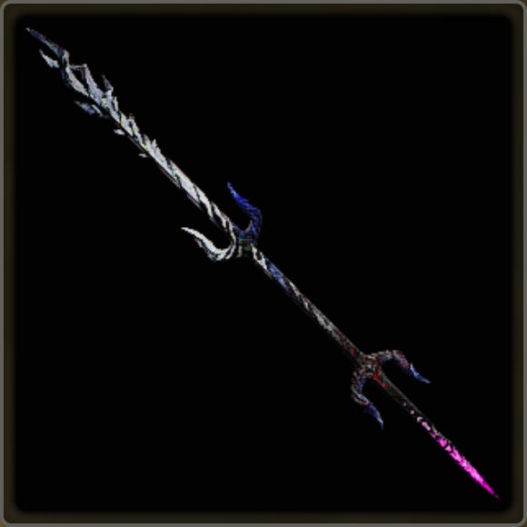 A close-up of a weapon in Monster Hunter Wilds against a black background.