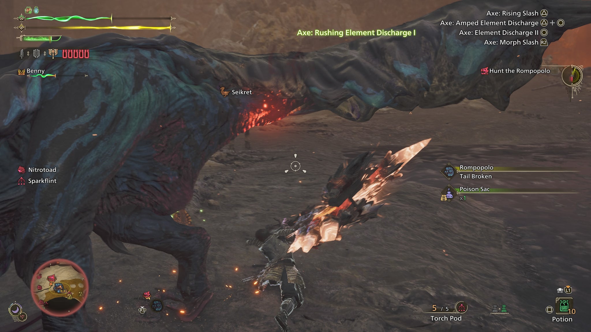 A hunter using a Charge Blade to hit the wounded tail of a Rompopolo in Monster Hunter Wilds. - 3