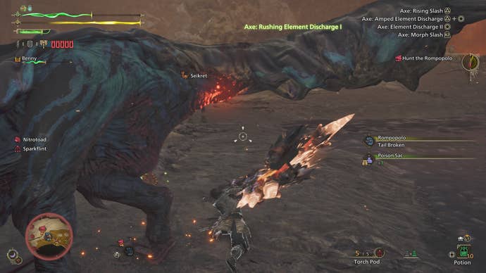 A hunter using a Charge Blade to hit the wounded tail of a Rompopolo in Monster Hunter Wilds.