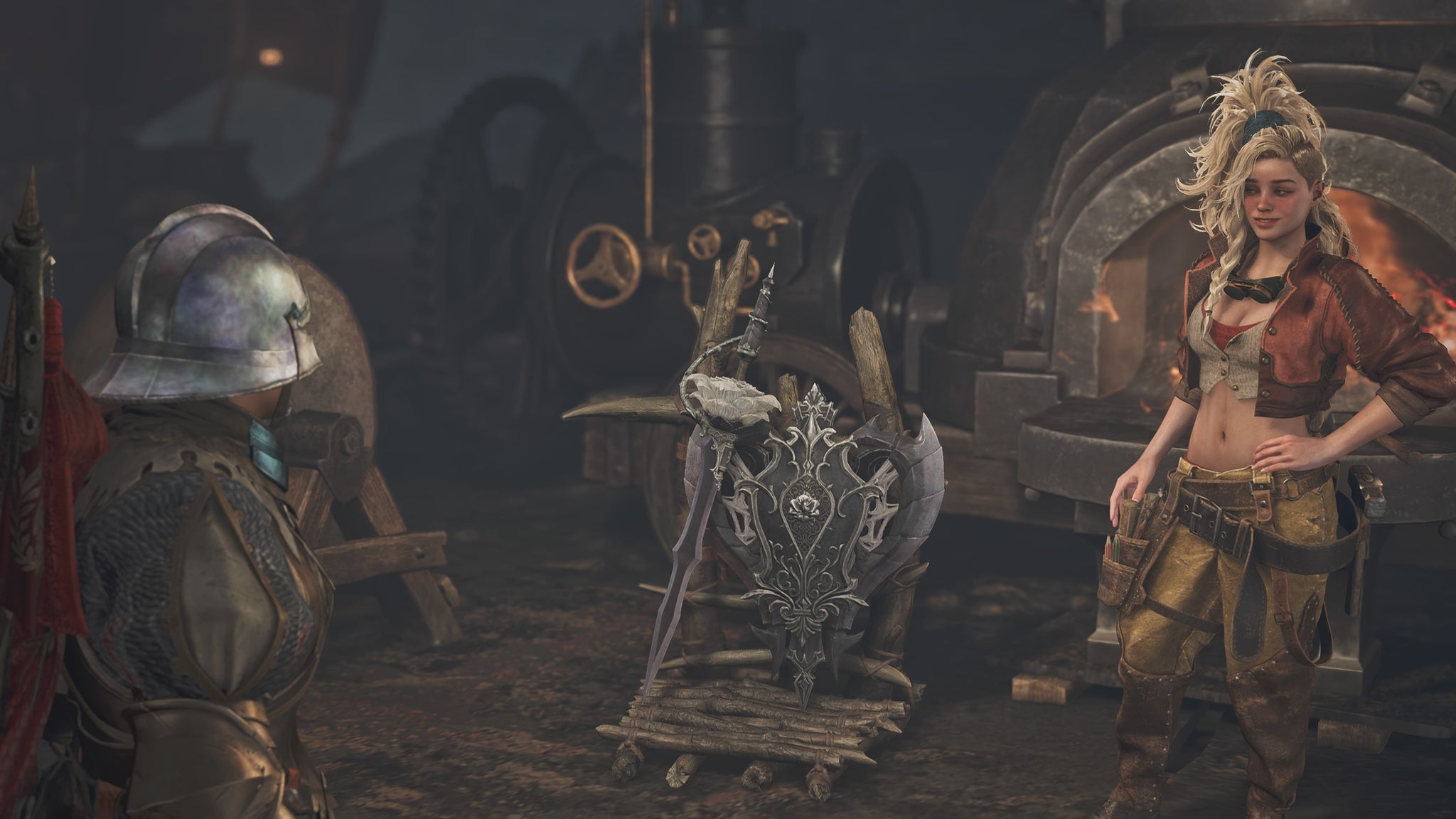 The smith, Gemma, presenting a hunter with a Charge Blade, one of the best weapons in Monster Hunter Wilds. - 3