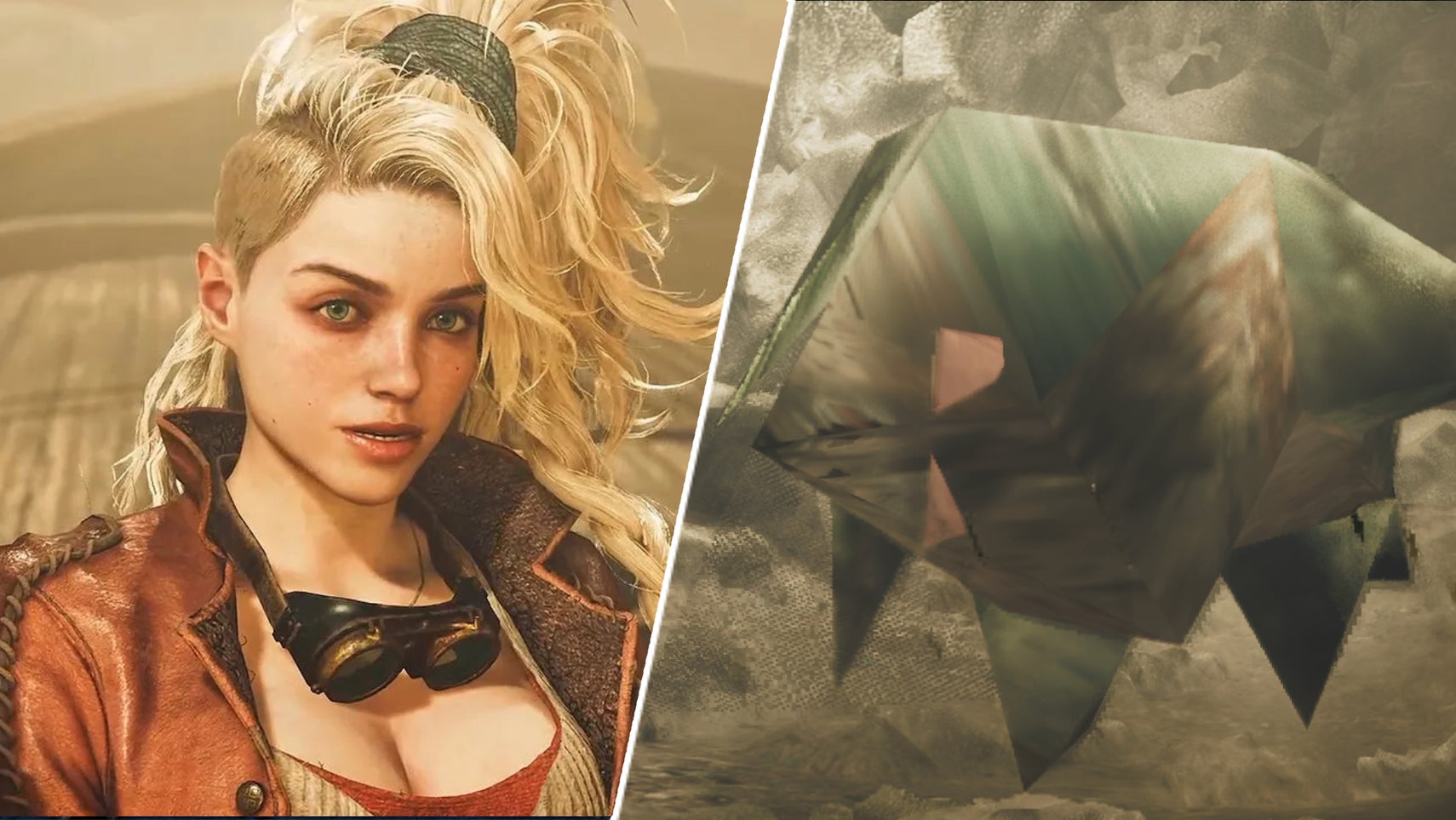 Genma from Monster Hunter Wilds next to a monster that's just become a graphical blob. - 1