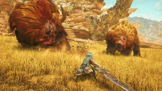 A hunter swings a greatsword at two massive lion-bear things in Monster Hunter Wilds.