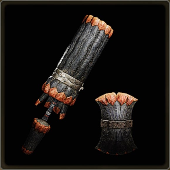 A close-up of a weapon in Monster Hunter Wilds against a black background.