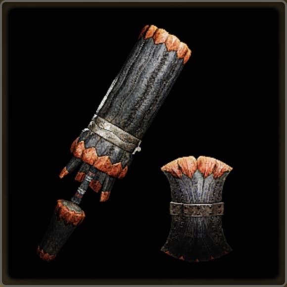 A close-up of a weapon in Monster Hunter Wilds against a black background.