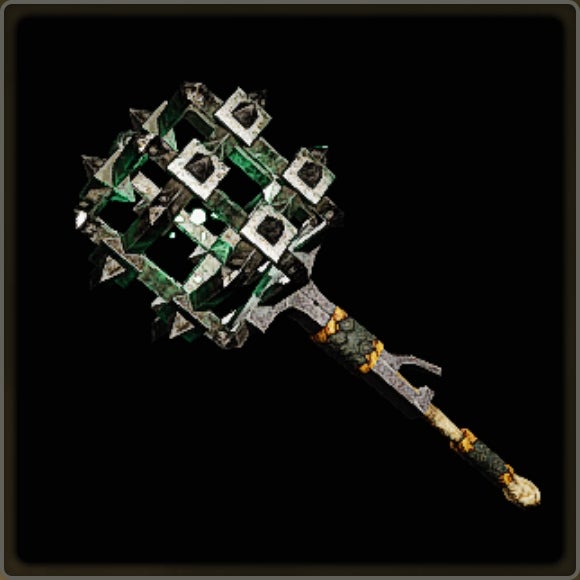 A close-up of a weapon in Monster Hunter Wilds against a black background.