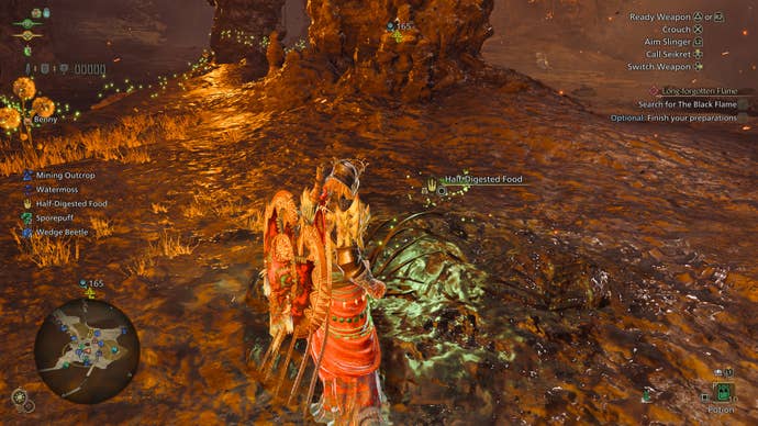 A hunter investigating the trail left by the Black Flame in Monster Hunter Wilds.