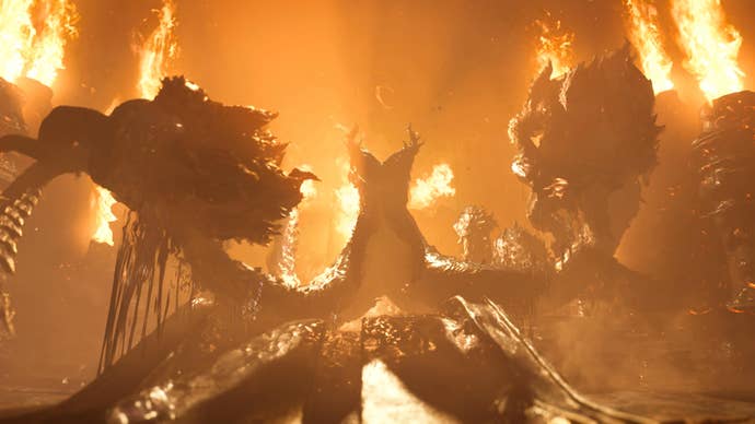 The Black Flame rampaging through the Everforge in Monster Hunter Wilds.