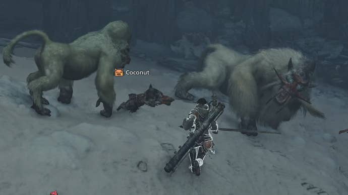 The hunter in Monster Hunter Wilds fights against a Blangonga and Blango in the Iceshard Cliffs.