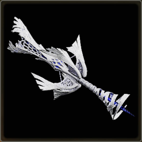 A close-up of a weapon in Monster Hunter Wilds against a black background.