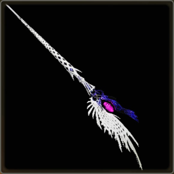A close-up of a weapon in Monster Hunter Wilds against a black background.
