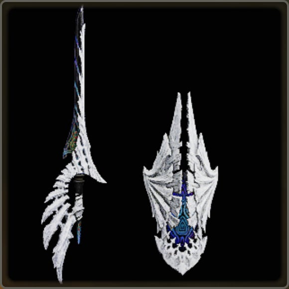 A close-up of a weapon in Monster Hunter Wilds against a black background.