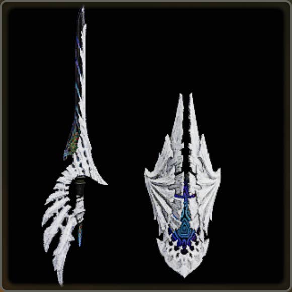 A close-up of a weapon in Monster Hunter Wilds against a black background.