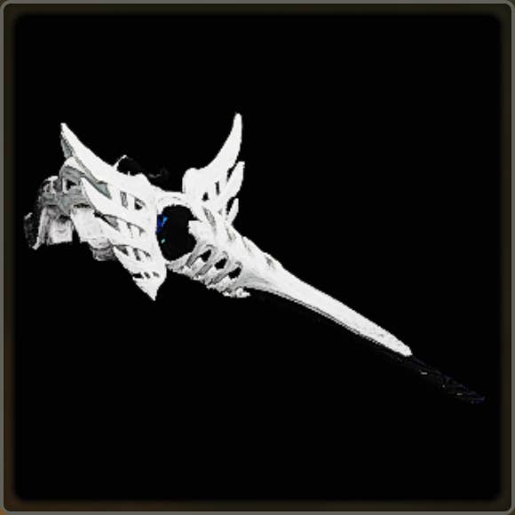 A close-up of a weapon in Monster Hunter Wilds against a black background.