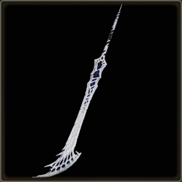 A close-up of a weapon in Monster Hunter Wilds against a black background.