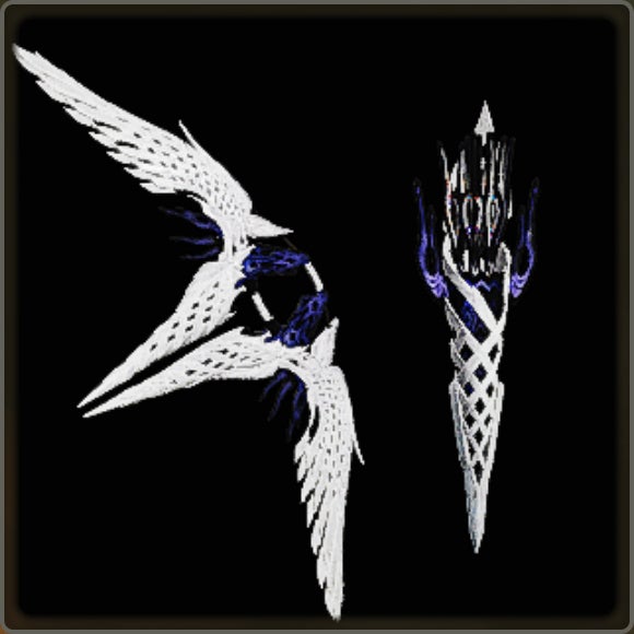 A close-up of a weapon in Monster Hunter Wilds against a black background.