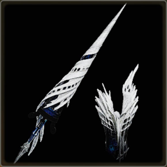 A close-up of a weapon in Monster Hunter Wilds against a black background.