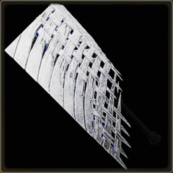 A close-up of a weapon in Monster Hunter Wilds against a black background.