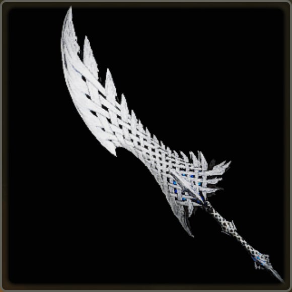 A close-up of a weapon in Monster Hunter Wilds against a black background.