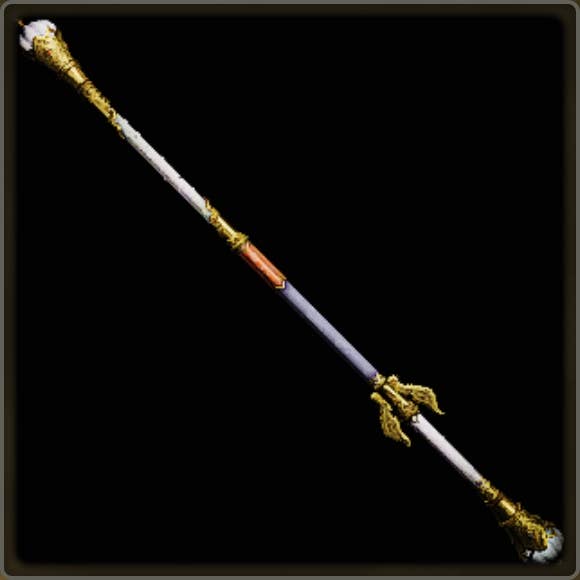 A close-up of a weapon in Monster Hunter Wilds against a black background.